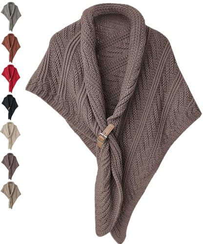 JASUBAI Multifunktionaler Dreiecksschal FüR Damen, Dreieckstuch Damen Winter Warme Schal Und Wickel Beige Poncho, GehäKelter Schultertuch Umhang Dreieckstuch mit Lederschnalle (Braun)
