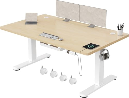 Devoko Escritorio Elevable 140x80cm con Tablero de 18 mm, Ruedas y Puerto Type-C, Escritorio Eléctrico, Regulable en Altura con Bandeja de Gestión de Cables (Beige)