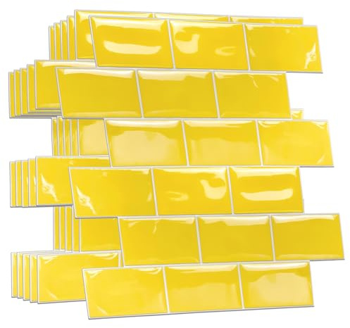 WALPLUS 3D Tile Stickers Peel and Stick Backsplash Splashback Decals Tile Transfer for Kitchen Bathroom Living Room Stick on Tile Waterproof Pure Yellow Glossy Subway 40 Sheets 15.4x30.5cm