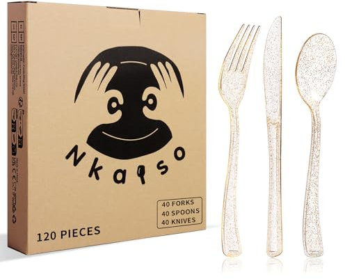 Nkaiso Set di 120 Pezzi Posate Dorata in Plastica, Riutilizzabili per feste, BPA-Freie Include 40 forchette, 40 coltelli e 40 cucchiai, Adatto Per Feste, Campeggio, Compleanni e altre scene