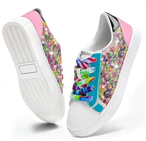 FUPPIA Baskets basses à paillettes scintillantes pour enfants en cuir PU tendance avec lacets colorés pour petits grands enfants multicolores, multicolore, 31 EU