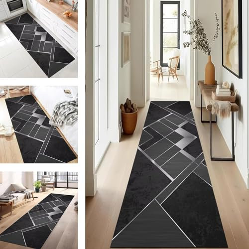 SUCERU Teppich Läufer Flur Küche rutschfest waschbar Teppichläufer Lang 100X200CM Schwarz Silber Modern Design Meterware Korridor Tepiche Esszimmer Schlafzimmer Wohnzimmer Schmutzfangmatte