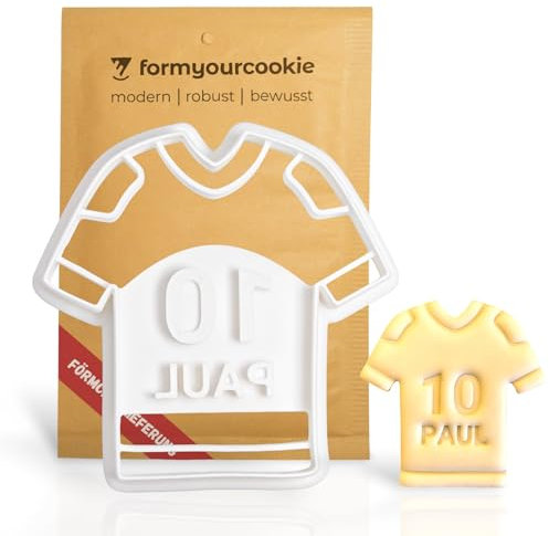 Personalisierte Trikot Ausstechform, Name und Nummer personalisierbar, hochwertige Fußball Ausstecher WUNSCH-Text, detaillierte Keksstempel, Keksausstecher, Geschenk Kind Fußballer Trainer