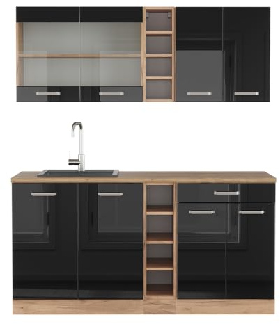 Vicco Singleküche R-Line, Schwarz Hochglanz/Goldkraft Eiche, 160 cm | 6 Module · Höhenverstellbare Füße · AP Eiche inkl. · Robuste Fronten · Mit offenen Regalen · Frei kombinierbar