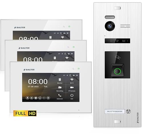 Balter EVO-HD Video Türsprechanlage mit Fingerprint, Video Türklingel, 1 Familienhaus, 3X 7 Zoll Monitore, Türklingel mit Kamera Full HD, 2 Draht Bus, 175° Weitwinkel, RFID,1080P