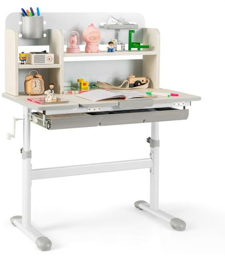 DREAMADE Schreibtisch Kinder höhenverstellbarer und neigungsverstellbar, Schülerschreibtisch Lerntisch Jungendschreibtisch, Kinderschreibtisch mit Schublade und Bücherregal (Grau, 80 x 51 x 110,5 cm)