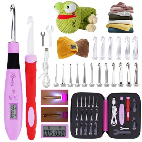 Lirmiery Häkelnadel-Set mit 18 Größen, Digital mit Leuchtenden Häkelnadeln, Ergonomischer, Weicher Griff, Beleuchtete Häkelnadeln zum Stich- und Reihenzählen