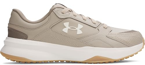 Under Armour Herren Edge Leder, Sportschuhe für Indoor und Outdoor, atmungsaktive Trainingsschuhe mit gepolsterter Sohle, stylischer Fitnessschuh mit Leder,Timberwolf Taupe / White / Summit White,42.5