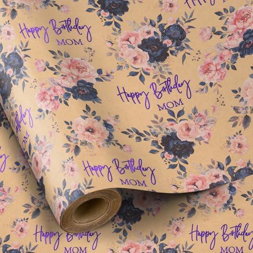 Ruspepa Omslagspapper rulle – minirulle – guldfolie blomma och Happy Birthday Mom mönster perfekt för födelsedag, fest och alla tillfällen – 43,2 cm x 5 m