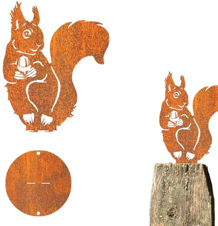 QIUMING Eichhörnchen Figur Gartenfigur Rostiges Eichhörnchen Eichhörnchen Rost Gartenstecker Herbst Gartendeko Gartenstecker Rost für Hof Outdoor Garten Hinterhof Rasen Deko