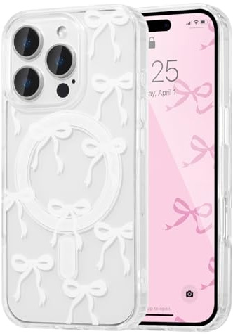 UEEBAI Magnetisch Hülle für iPhone 13 Pro, Weiß | Schleife Transparente Handyhülle mit Kabelloses Laden, Kameraschutz Anti-Vergilbung Schutzhülle, Stoßfeste Bumper Cover Case