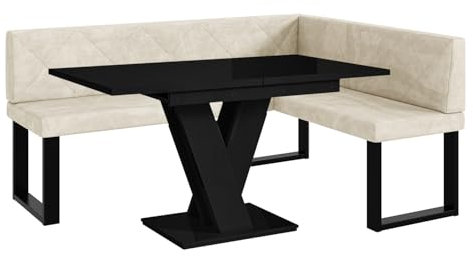 MEBLINI Eckbank für Esszimmer mit ausziehbarem Tisch - Küchenbank - Essecke - Sitzecke Küche - ERIC - U-Beine 128x168x87cm Rechts - Creme Samt/M Schwarz Hochgl.
