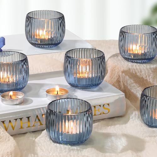 Goldener Kerzenhalter, Set mit 6 gerippten Glas-Votivkerzenhaltern, Teelichthalter, Spitzkerzenhalter für Tischdekoration, Hochzeit, Geburtstag, Party, Weihnachten, Festival (6855-Blau, 6 Stück)
