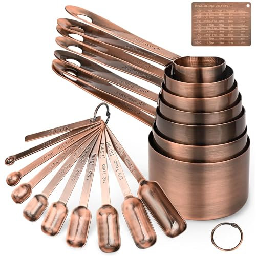 SUNMVEHOT Juego de tazas y cucharas medidoras chapadas en cobre, juego de tazas y cucharas medidoras de acero inoxidable: 7 tazas medidoras de cocina, 9 cucharas medidoras de especias, tazas y