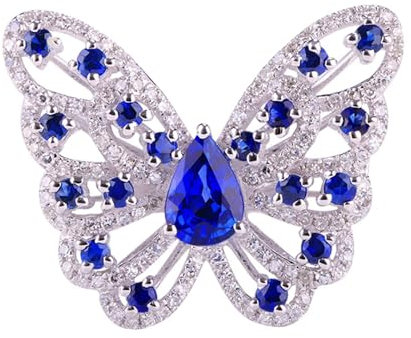 Tolldek 750 Weißgold Ring, Schmetterling Freundschaftsringe mit Saphir 1.15ct Tropfenschliff, Hochzeitsring mit Diamant 18K Verlobungsring Echt Gold Schmuck, Gr.47 (15.0)