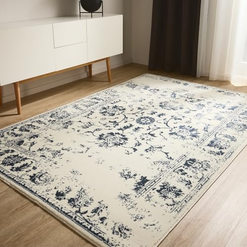 benuta Basic Teppich Suki - Creme/Blau 200x300 cm - Kunstfaser - Rechteckig & im Style: Vintage, Orient Style - Pflegeleicht für Wohnzimmer Schlafzimmer