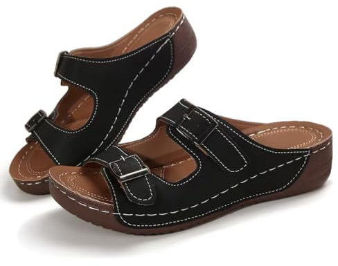 Dernolsea Ladies Orthopedic Arch Support Mule Sandals | Slide Sandals Women, Comfy Low Wedge Platform, Peep Toe, Slip On, Backless Mules, with Adjustable Double Buckle Strap