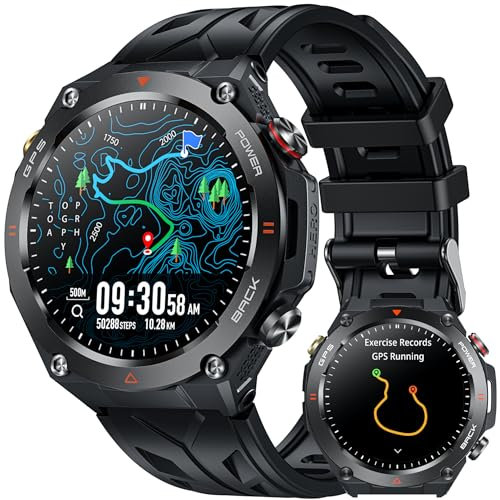 GPS Smartwatch Herren Fitnessuhr Armbanduhr: Schwarz Uhr Kompass Luftdruck Telefonfunktion Schlafmonitor Herzfrequenz Blutdruck Schrittzähler Sportuhr Wasserdicht 1,45 Touchscreen 650mAh Akkulaufzeit