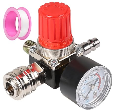 CPROSP Reductor de Presión aire Comprimido 1/4 con Manómetro 175 PSI 12 Bar 4 Agujeros, Regulador de Aire Comprimido con Ruedas de Teflón, Presostato Compresor Aire para Compresor de Aire