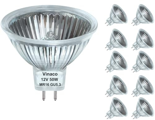 Vinaco MR16 Halogen Bulb 50W 12V, 10 Pack MR16 Bulb Dimmable, Long Lasting MR16 12V 50W Halogen, 2800K Warm White 50 W 12Volt Bulb with GU5.3 Base, for Landscape, Track Lights, and Fiber Optics