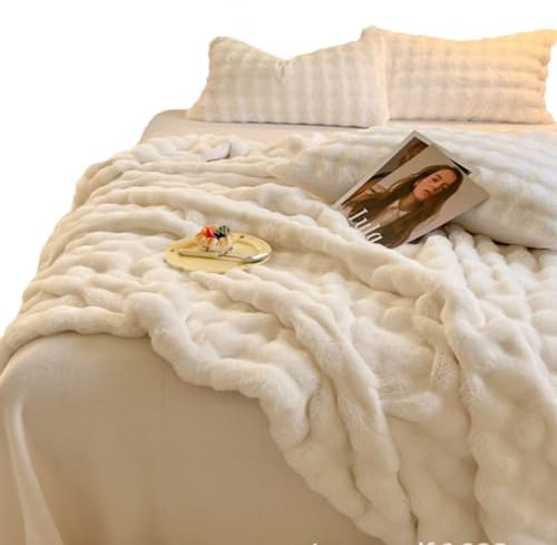 Flauschige, doppelseitige Kunstfell-Decke, gemütlich, warm, einfarbig, Blasen, modernes Design, Heimdekoration, weich, warm, Überwurfdecke, Einzelbett, Queen-Size-Größe