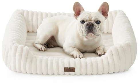 COZY KISS Orthopedic Medium Dog Bed - Soft Washable Dog Sofa for Pet, Warm and Cute Faux Fur Rectangle Bed with High Surrounding for Big Cats & Small Dogs, Fluffy, Non-Slip, 30x23x7 inch, Cream