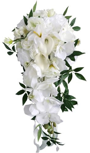Fouriding Bouquets de mariage en forme de goutte d'eau pour mariée, bouquets de cascade artificielles pour cérémonie, anniversaire, fête prénuptiale, fleurs de mariage (blanc)
