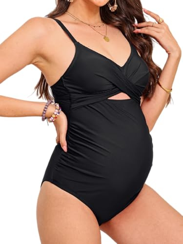 CUPSHE Women's One Piece Swimsuit Maternity Wrapped Front Ruched Pregnancy Bathing Suit Back Hook Cutout Black L