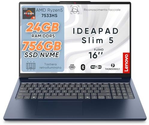 Lenovo Ideapad Slim5, Cosmic Blue, Pc Portatile, Notebook, Amd Ryzen5 7533HS, DDR5 24GB, SSD 756Gb, Display 16 WUXGA IPS FHD+, Laptop, Wi-Fi 6, Usb Thunderbolt, Tastiera Retroilluminata