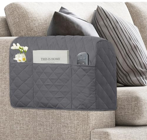 Kaket 2PCS Waterproof Sofa Armrest Covers, Armchair Covers with 6 Side Pocket, Sofa Armrest Slipcovers Couch Arm Covers Sofas Arm Protector for Pets (Grey)