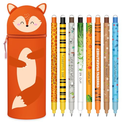 Radierbaren Gelstiften 2-in-1 Kawaii Silikon Federmäppchen,mit wärmeempfindlicher Tinte - Weiche Stiftetasche mit Reißverschluss & Hitzeempfindliche Stifte - 0,7 mm (Fox)