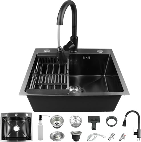 WUDLEP 50x45cm Single Bowl Sink, Stainless Steel Drop-in/Topmount Workstation Basin, Multi-Functional Kitchen Workstation with Removable Accessories, for Kitchen, Black