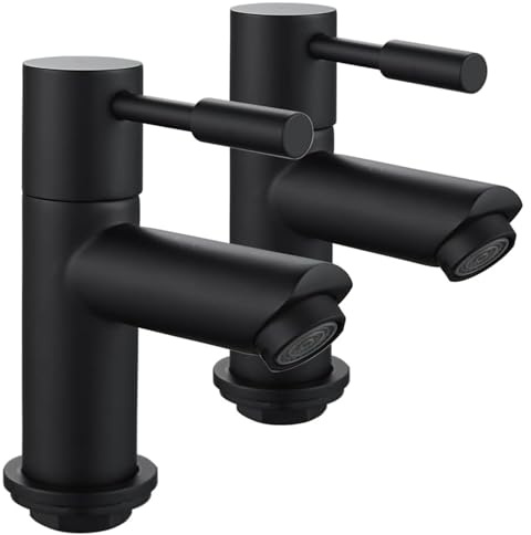 Basin Pillar Taps Pair Twin Bathroom Sink Mixer Tap Brass Two Wash Basin Taps Hot and Cold Faucet Separate 2 Holes for Washroom Cloakroom Matte Black
