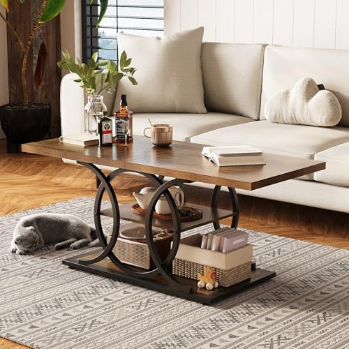 Tohomeor Mesa baja rústica con espacio de almacenamiento, 3 pisos, estilo rústico de madera (rectangular) para salón, oficina y dormitorio (marrón rústico)