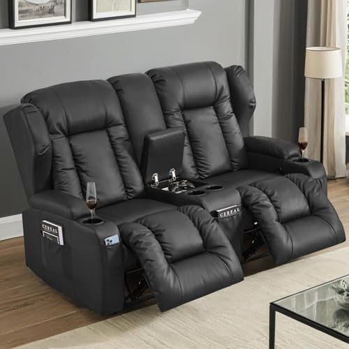TCGBKAF Kinosessel 2-Sitzer manuell,Relaxsessel mit Liegefunktion & Getränkehalter,Doppel-Fernsehsessel Relaxsofa verstellbar mit Konsole,Heimkino Sofa Kunstleder für Wohnzimmer,Schwarz
