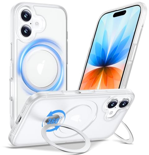 Anqrp 360° ALL-i-ONE stativ fodral för iPhone 17 fodral med roterbar magnetisk kickstand ringhållare, kompatibel med Mag-Safe, MIL-grad stötsäker iPhone telefonfodral skydd 6,3 tum, dimma matt klar