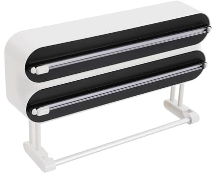 3in1 Wandrollenhalter Küche, Frischhaltefolienspender mit Küchenrollenhalterung, Küchenrollenhalter mit Folienschneider, Aluminiumfolien-Spender für Küche, Restaurant (Schwarz+ Weiß)