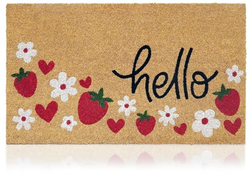 Hello Strawberries - 17x29 - Coir Door Mat with Heavy Duty Backing - Welcome Mats for Entryway, Porch - Anti-Slip PVC & Coconut Fiber Surface - Natural Home Accessories, Minimalist Original Design