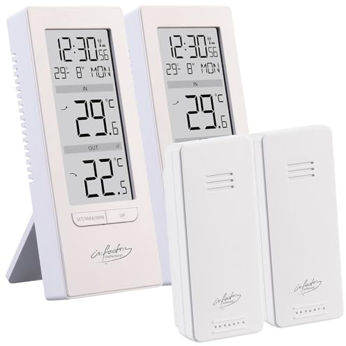 infactory Außenthermometer Fenster: 2er-Set Digitale Temperaturstation, Innen-/Außenthermometer, Funkuhr (Thermometer Digitale Küche, DCF-Funkuhr, Kalender)