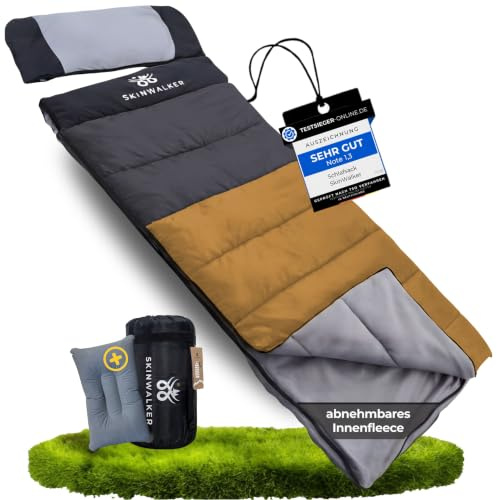 SkinWalker Schlafsack 3-4 Jahreszeiten mit abnehmbaren Polarfleece + Kopfkissen [-18°C bis +15°C] Winter + Sommer Sleeping Bag Deckenschlafsack Schlafsacke Camping Schlafsäcke Erwachsene
