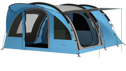 Outsunny Grande Tente Tunnel Camping 4 Personnes 3-4 Saisons Bleu Gris | Hauteur d'Homme 2 m, Séjour XL 3,7 m, Imperméable 3000mm, Tapis De Sol Cousu, 4 Portes, 6 Fenêtres