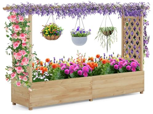 RELAX4LIFE Fioriera da Esterno con Traliccio Superiore e 2 Griglie Laterali, Orto Rialzato da Giardino in Legno di Abete con Drenaggio per Piante Rampicanti, Frutti e Fiori (Naturale, 200x44x114cm)