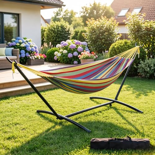 GarveeMore Doppelhängematte mit Gestell, Hängematte 2 Personen Outdoor & Indoor, Tragbare Hängematte bis 200 kg, Hängemattengestell für Garten und Balkon inkl. Tasche, Regenbogen Gestreift