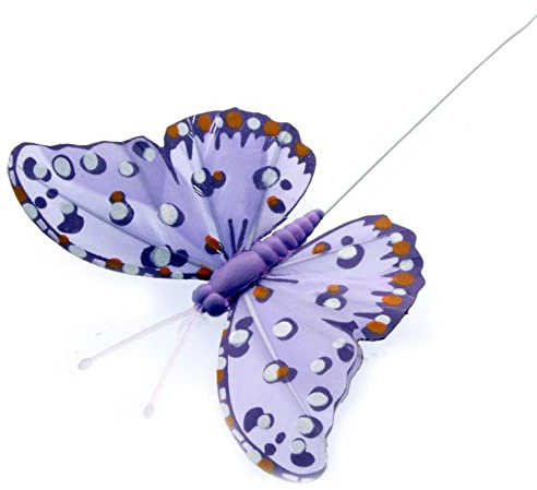 Corsage Creations - Farfalle in piuma di 7 cm, lilla (12 pezzi per confezione, su un filo da 20 cm)