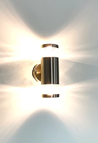 Trango 8003 IP44 Alu Up & Down Wandlampe, Wandstrahler Rund Edelstahl gebürstet in Rund für innen & außen - Wandleuchte, Außenstrahlermit mit 2x GU10 Fassung (ohne Leuchtmittel)
