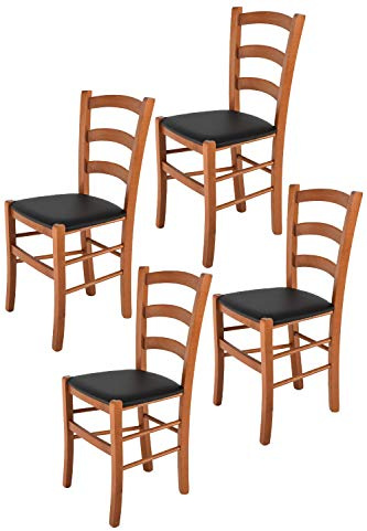 Tommychairs - 4er Set Stühle VENICE für Küche und Esszimmer, robuste Struktur aus lackiertem Buchenholz im Farbton Kirschholz und gepolsterte Sitzfläche mit KUNSTLEDER in der Farbe Schwarz bezogen