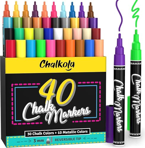 Chalkola 40 Kreidestifte für Tafel Abwaschbar - Kreidemarker für Fenster | 3mm Kreidestifte mit Umkehrbarer Rundspitze & Metallic, Glasstifte, Chalk Marker für Auto, Spiegel & Tafel, Fenstermalstifte