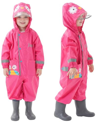 JinBei Puddle Suit for Kids Girls Waterproof Suit All in One Raincoat Lightweight Hooded Portable Breathable Easy to Dry Rainsuit Rainwear for Children Girls 4-6 Years, Rose Red Owl Print