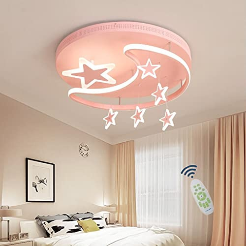 WJLL LED Deckenleuchte Deckenlampe Mit Fernbedienung Dimmbar Stern-Mond Design Kinderlampe Metall Acryl Kinderzimmer Lichter Innenbeleuchtung Für Babyzimmer Schlafzimmer Wohnzimmerleuchten,Rosa,42cm
