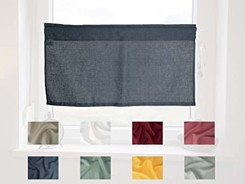 beties Leinen Scheibengardine ca. 45x85 cm Bistrogardine 100% Leinen im Landhausstil mit Tunnelzug Landhaus Kurzgardine Küche Vorhang (tiefsee-blau)